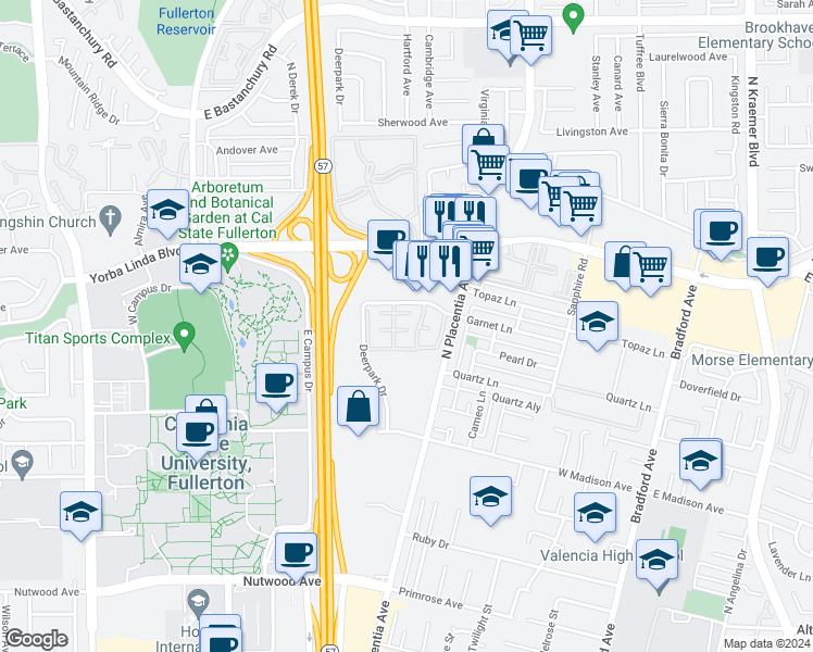 map of restaurants, bars, coffee shops, grocery stores, and more near 2921 Wellesley Court in Fullerton