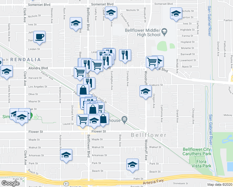 map of restaurants, bars, coffee shops, grocery stores, and more near 16224 1/2 Eucalyptus Avenue in Bellflower