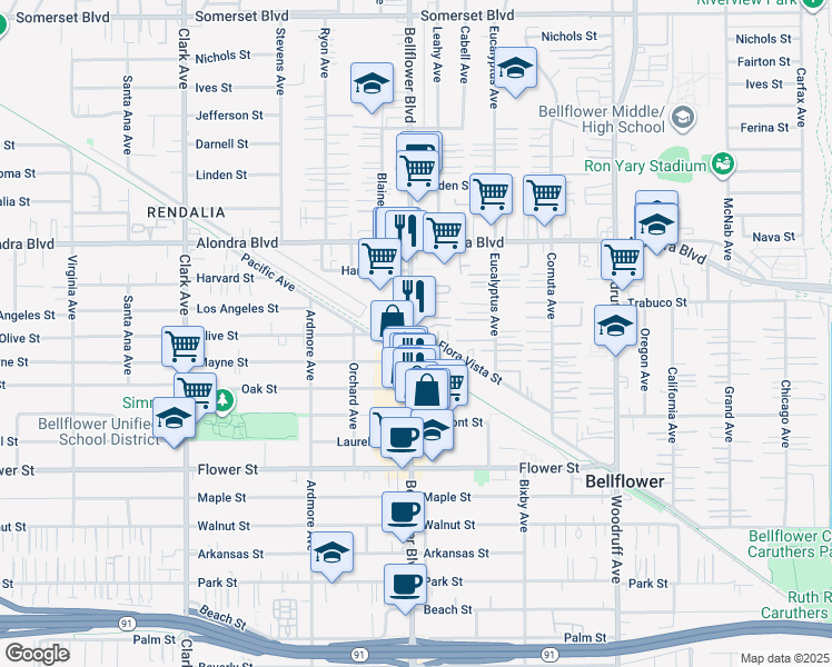 map of restaurants, bars, coffee shops, grocery stores, and more near 16310 Bellflower Boulevard in Bellflower