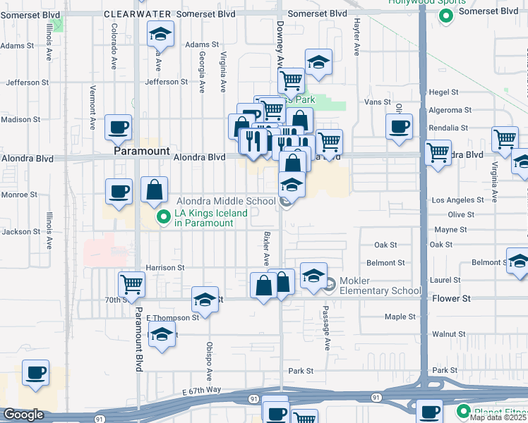 map of restaurants, bars, coffee shops, grocery stores, and more near 16211 Downey Avenue in Paramount