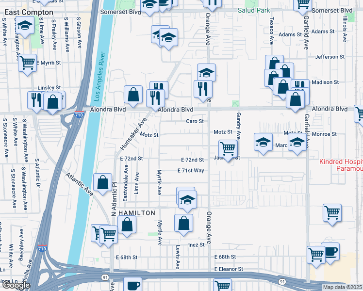 map of restaurants, bars, coffee shops, grocery stores, and more near 6701 Marcelle Street in Paramount