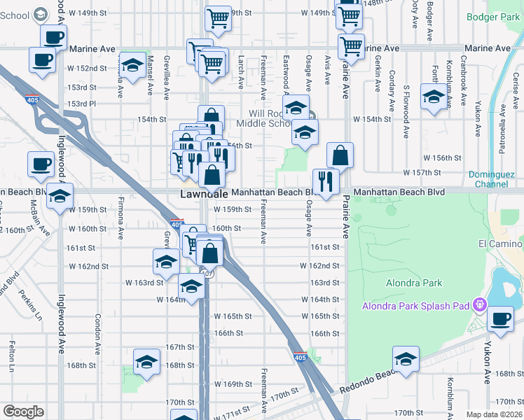 map of restaurants, bars, coffee shops, grocery stores, and more near 4169 159th Street in Lawndale