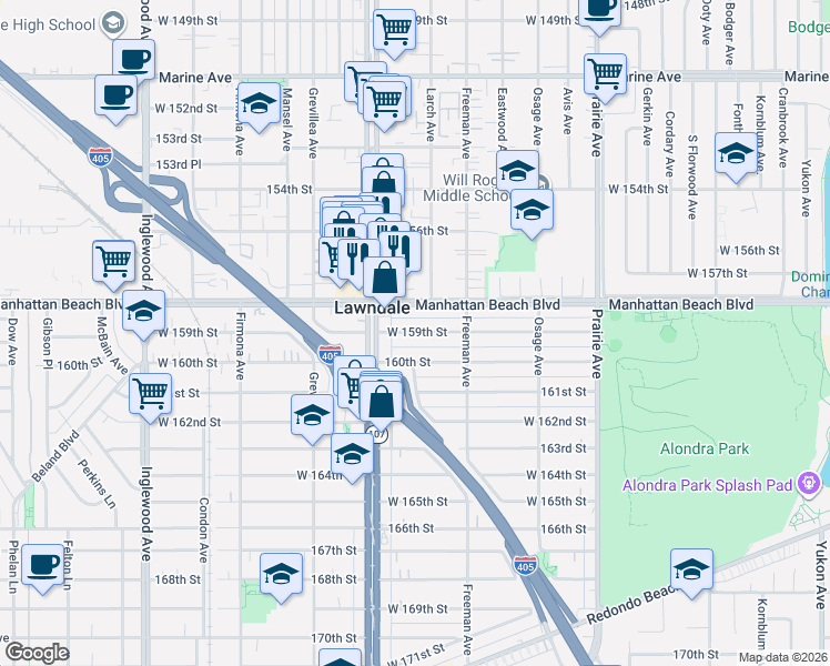 map of restaurants, bars, coffee shops, grocery stores, and more near 4335 West 159th Street in Lawndale