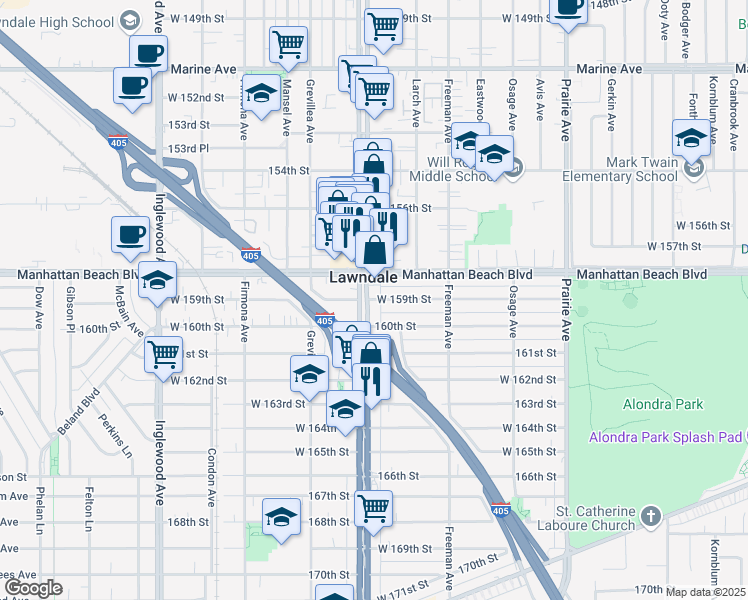 map of restaurants, bars, coffee shops, grocery stores, and more near 4335 West 159th Street in Lawndale
