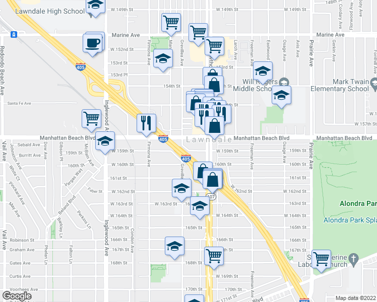 map of restaurants, bars, coffee shops, grocery stores, and more near 4445 West 159th Street in Lawndale