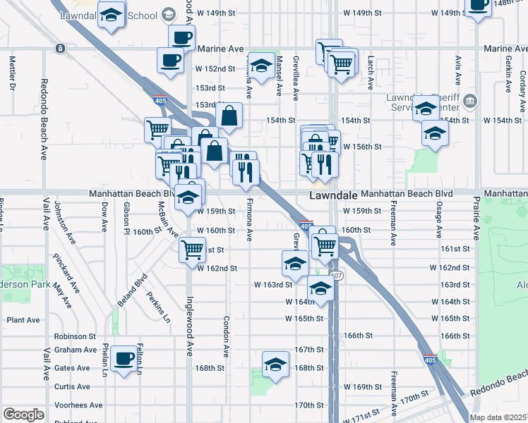 map of restaurants, bars, coffee shops, grocery stores, and more near 4579 West 159th Street in Lawndale