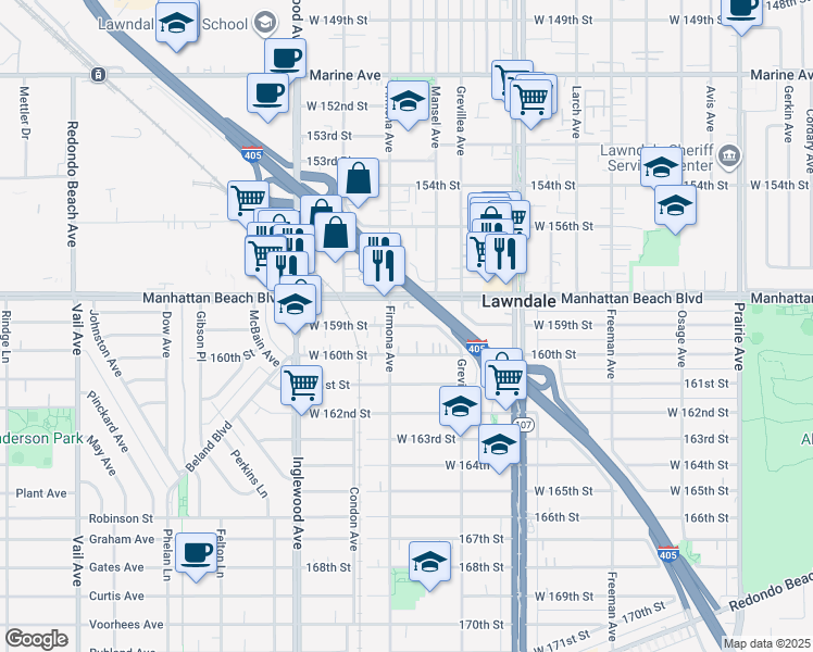 map of restaurants, bars, coffee shops, grocery stores, and more near 4579 West 159th Street in Lawndale