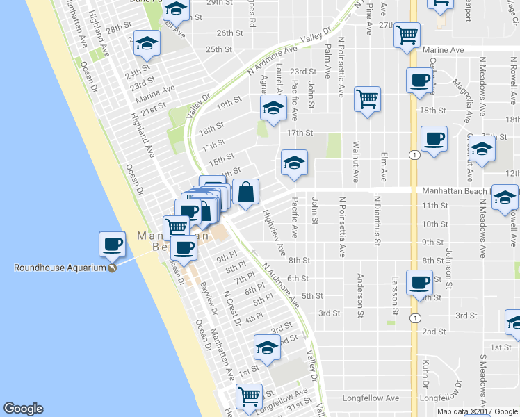 map of restaurants, bars, coffee shops, grocery stores, and more near 656 Manhattan Beach Boulevard in Manhattan Beach