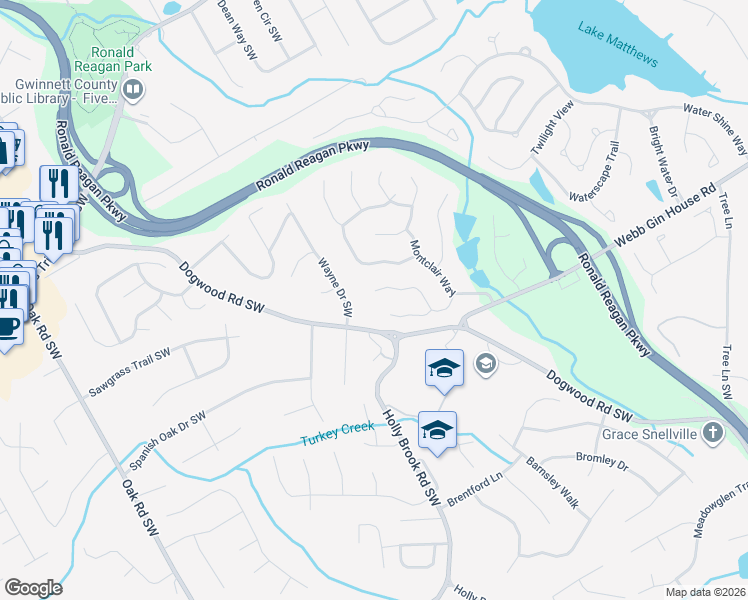 map of restaurants, bars, coffee shops, grocery stores, and more near 2710 Montclair Place in Snellville