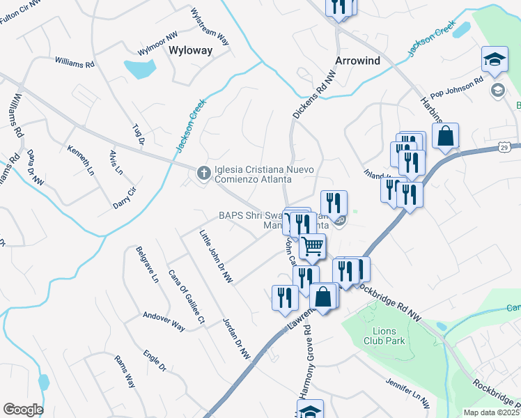 map of restaurants, bars, coffee shops, grocery stores, and more near 532 Rockbridge Road Southwest in Lilburn