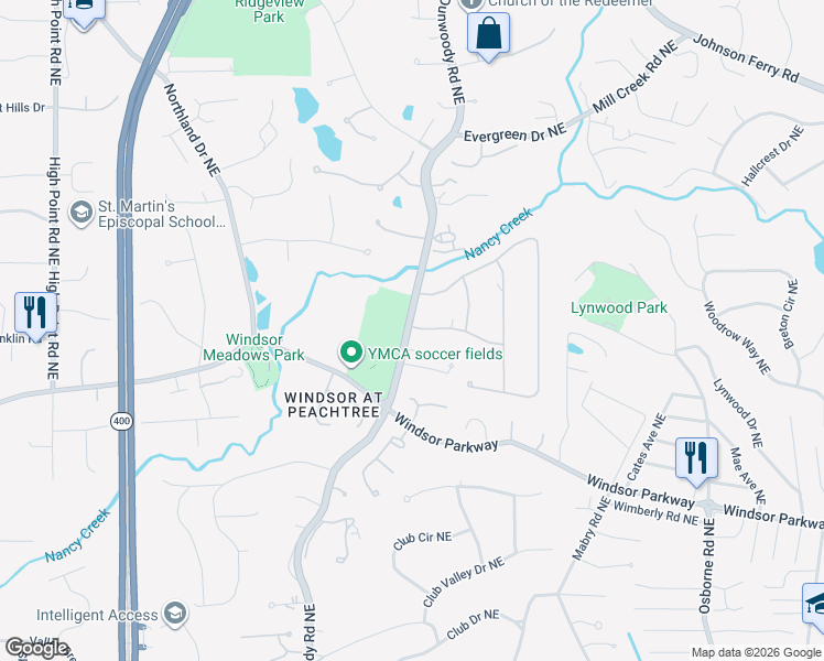 map of restaurants, bars, coffee shops, grocery stores, and more near 4815 Peachtree Dunwoody Road Northeast in Atlanta