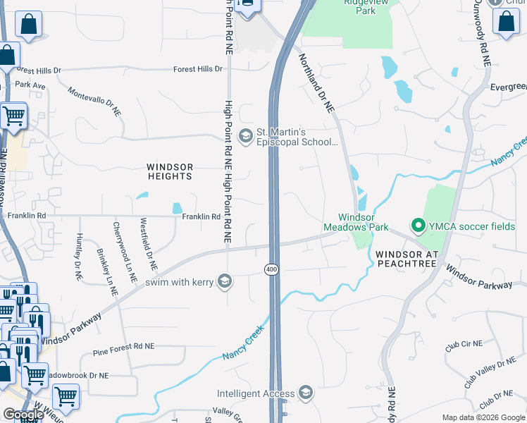 map of restaurants, bars, coffee shops, grocery stores, and more near 635 West Northway Lane Northeast in Sandy Springs