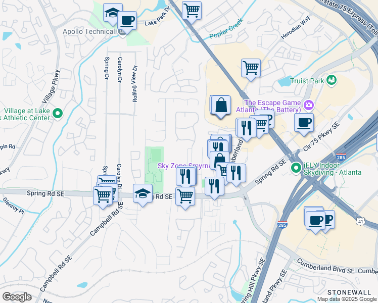 map of restaurants, bars, coffee shops, grocery stores, and more near 2734 Bell Drive Southeast in Smyrna