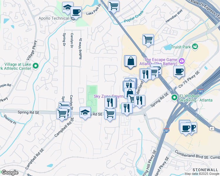 map of restaurants, bars, coffee shops, grocery stores, and more near 2728 Oakbourne Lane in Smyrna