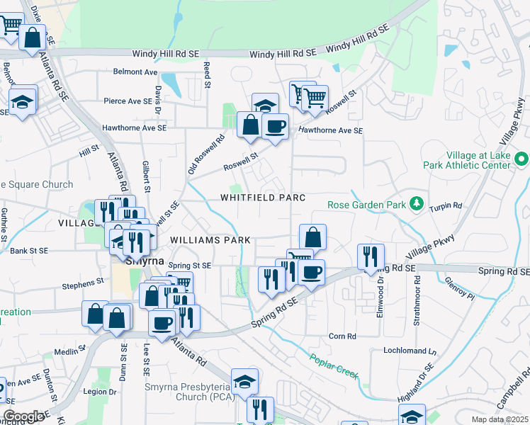map of restaurants, bars, coffee shops, grocery stores, and more near 1025 Whitfield Court in Smyrna