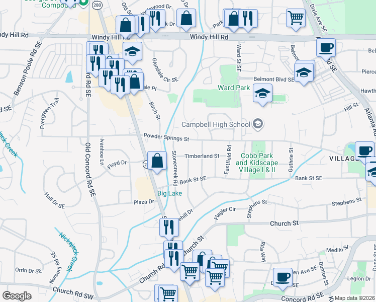 map of restaurants, bars, coffee shops, grocery stores, and more near 745 Timberland Street in Smyrna