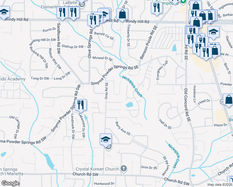 map of restaurants, bars, coffee shops, grocery stores, and more near 2718 Sanibel Lane Southeast in Smyrna