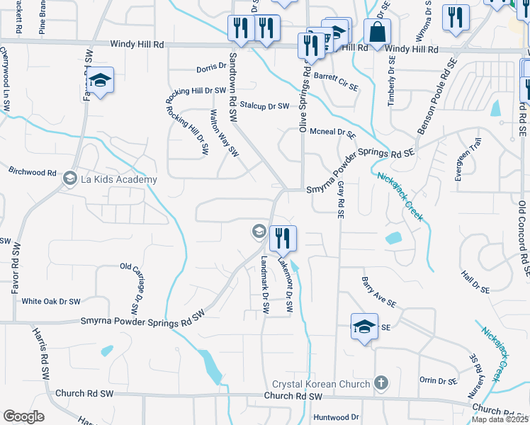 map of restaurants, bars, coffee shops, grocery stores, and more near 134 Timber Creek Lane Southwest in Marietta