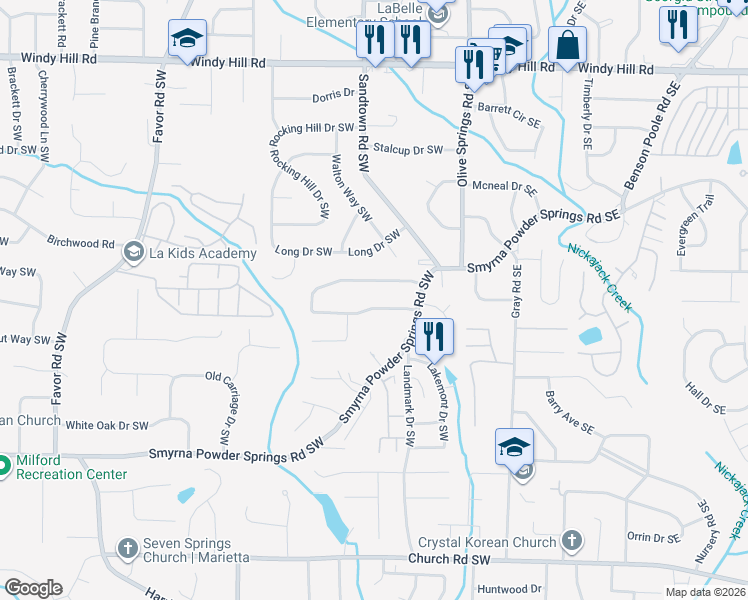 map of restaurants, bars, coffee shops, grocery stores, and more near 158 Timber Creek Lane Southwest in Marietta