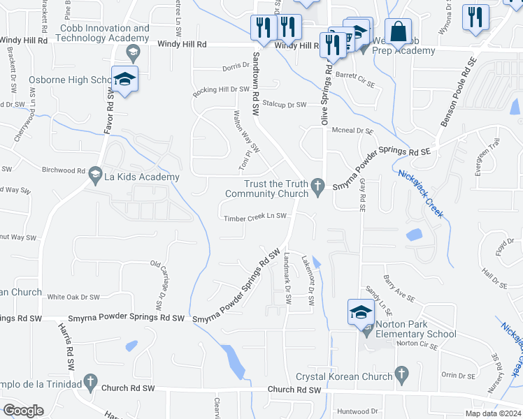map of restaurants, bars, coffee shops, grocery stores, and more near 168 Timber Creek Lane Southwest in Marietta