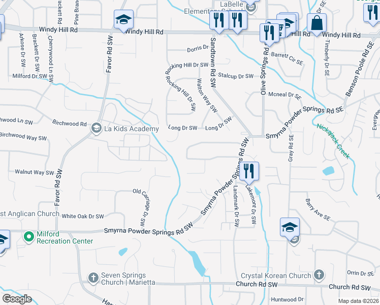 map of restaurants, bars, coffee shops, grocery stores, and more near 200 Timber Creek Lane Southwest in Marietta