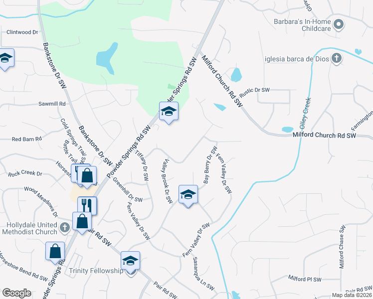 map of restaurants, bars, coffee shops, grocery stores, and more near 1936 Devore Drive Southwest in Marietta