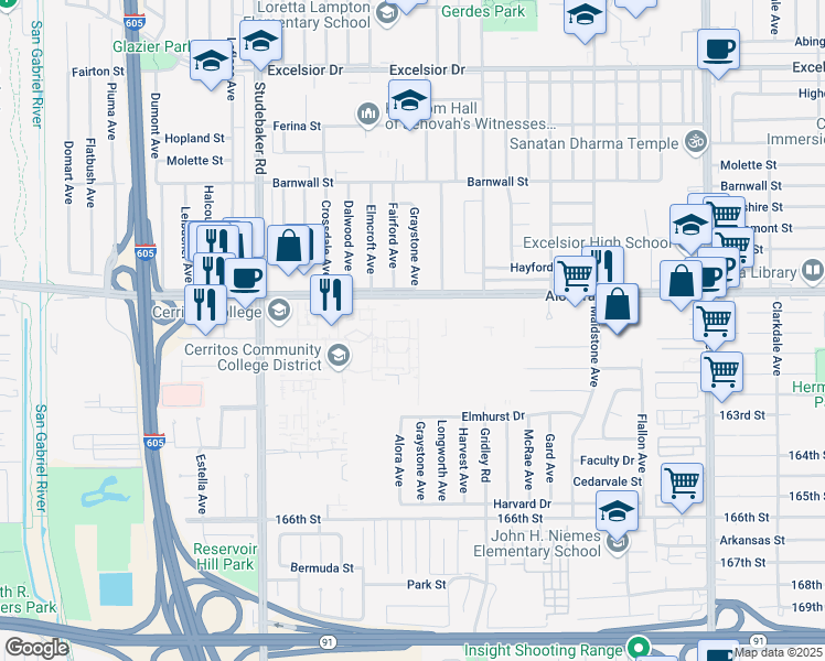 map of restaurants, bars, coffee shops, grocery stores, and more near 11110 Alondra Boulevard in Norwalk