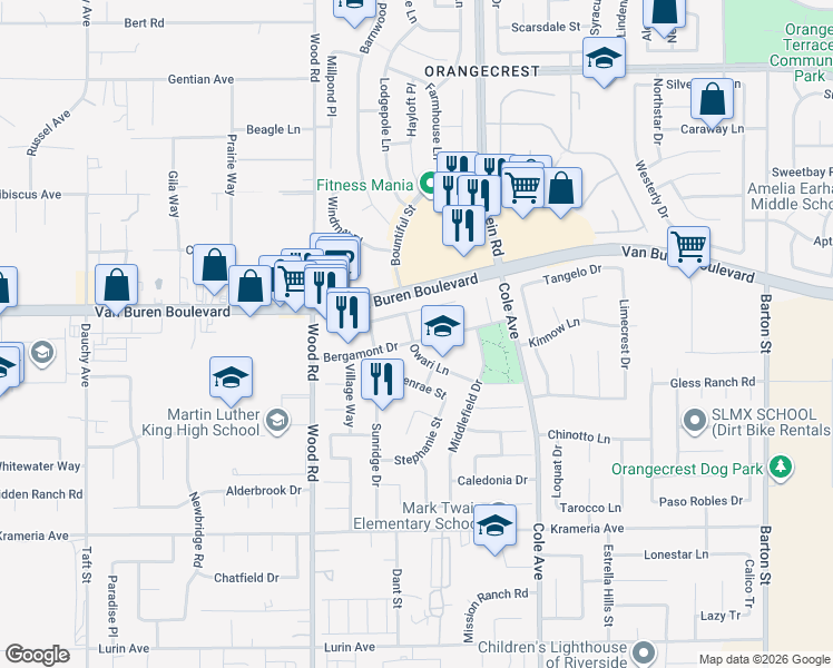 map of restaurants, bars, coffee shops, grocery stores, and more near 19206 Bergamont Drive in Riverside