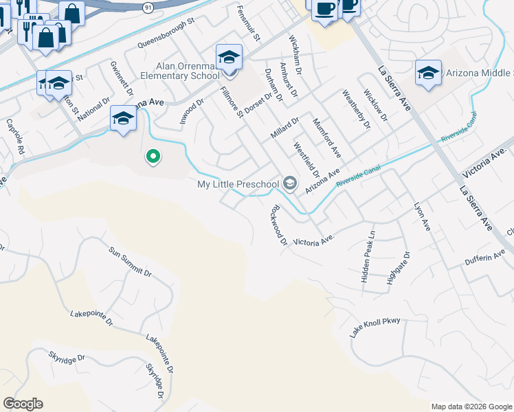 map of restaurants, bars, coffee shops, grocery stores, and more near 3034 Ashwood Court in Riverside
