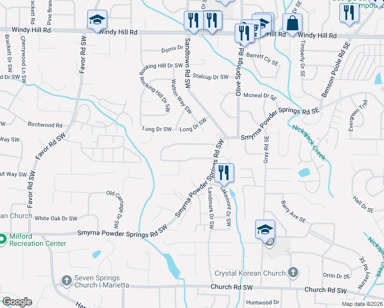 map of restaurants, bars, coffee shops, grocery stores, and more near 160 Timber Creek Lane Southwest in Marietta