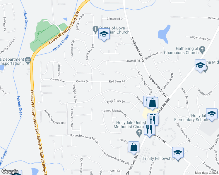 map of restaurants, bars, coffee shops, grocery stores, and more near 2486 Horseshoe Bend Road in Marietta