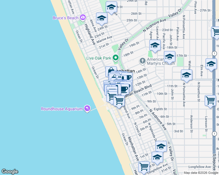 map of restaurants, bars, coffee shops, grocery stores, and more near 1310 Manhattan Avenue in Manhattan Beach