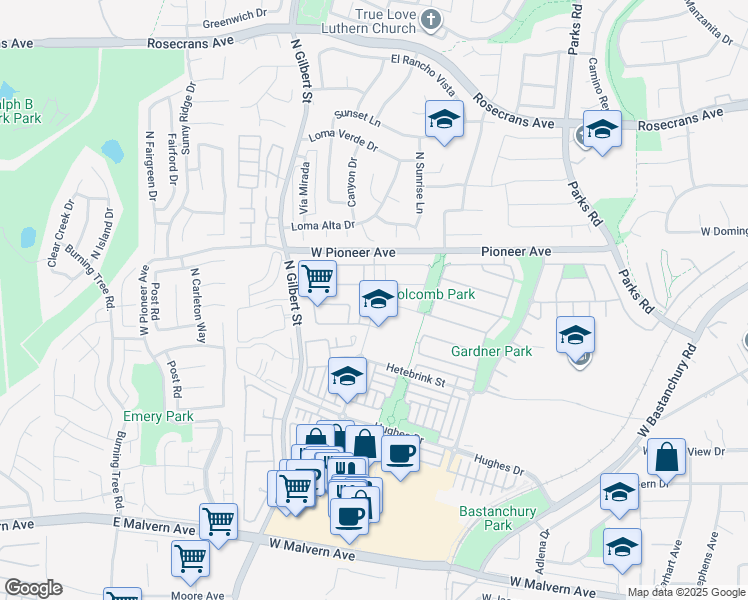 map of restaurants, bars, coffee shops, grocery stores, and more near 1405 Starbuck Street in Fullerton
