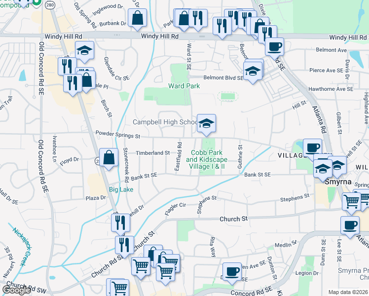 map of restaurants, bars, coffee shops, grocery stores, and more near 2735 Eastfield Road in Smyrna