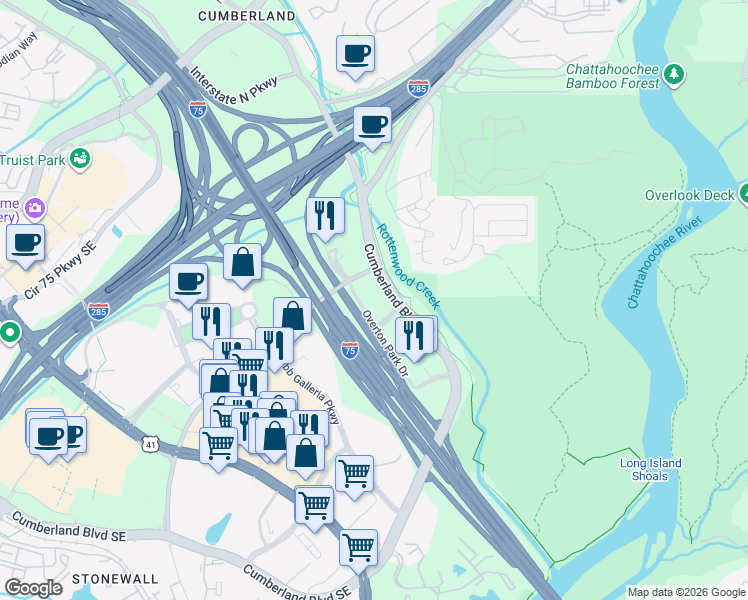 map of restaurants, bars, coffee shops, grocery stores, and more near 3695 Cumberland Boulevard Southeast in Atlanta