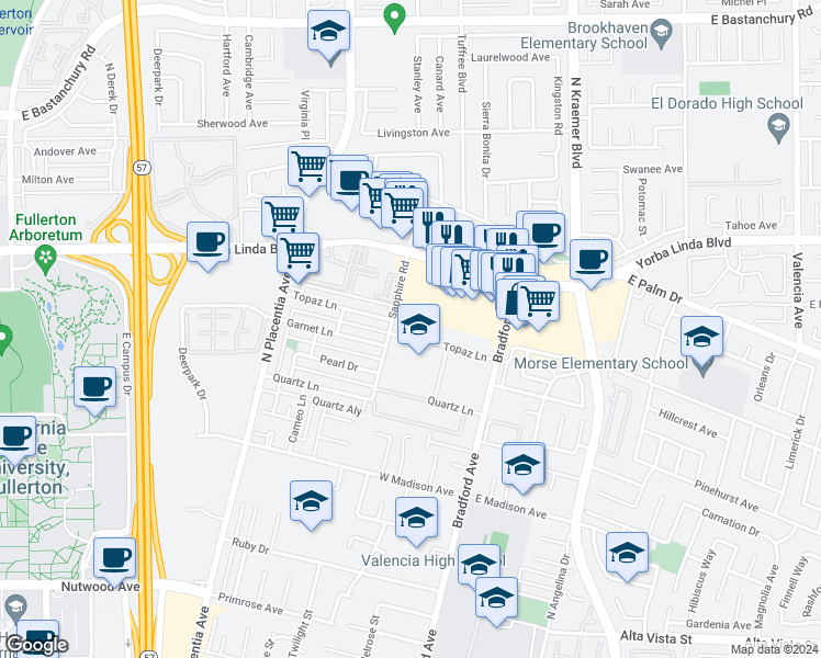 map of restaurants, bars, coffee shops, grocery stores, and more near 3219 Topaz Lane in Fullerton