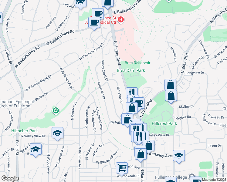map of restaurants, bars, coffee shops, grocery stores, and more near 1454 Sunny Crest Drive in Fullerton