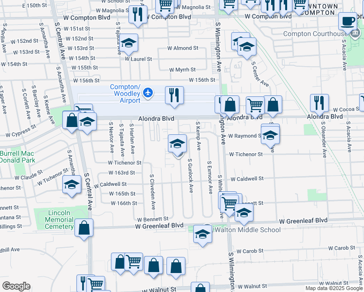 map of restaurants, bars, coffee shops, grocery stores, and more near 1020 South Dwight Avenue in Compton