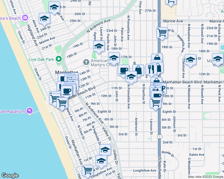 map of restaurants, bars, coffee shops, grocery stores, and more near 822 11th Street in Manhattan Beach