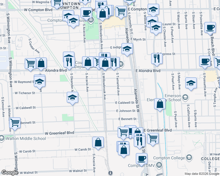 map of restaurants, bars, coffee shops, grocery stores, and more near 118 East Reeve Street in Compton