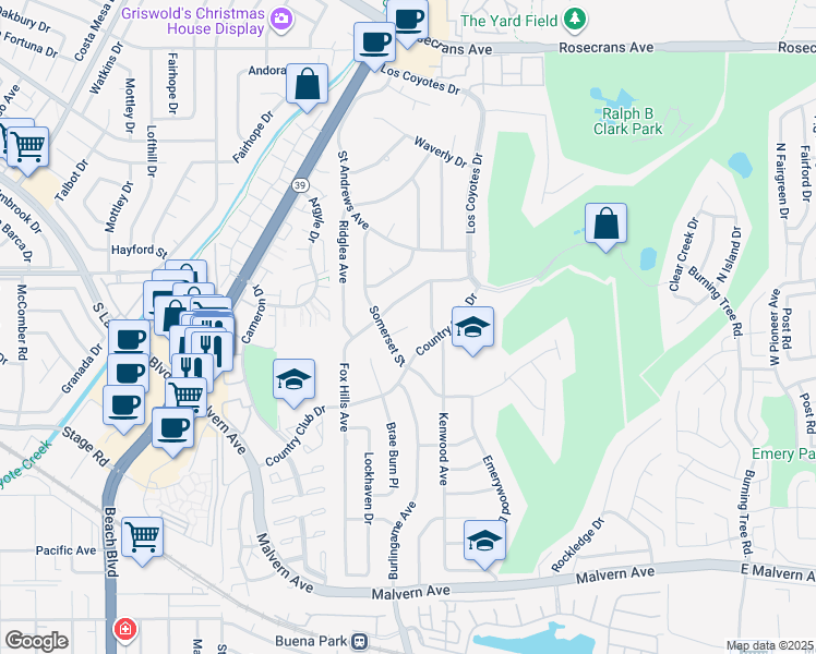 map of restaurants, bars, coffee shops, grocery stores, and more near 7072 Somerset Circle in Buena Park