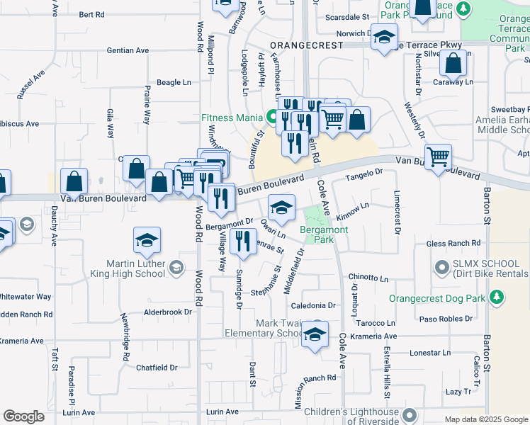 map of restaurants, bars, coffee shops, grocery stores, and more near 19202 Bergamont Drive in Riverside