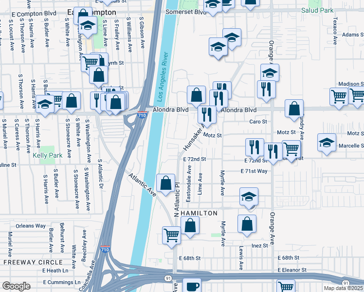 map of restaurants, bars, coffee shops, grocery stores, and more near 16306 Atlantic Place in Paramount