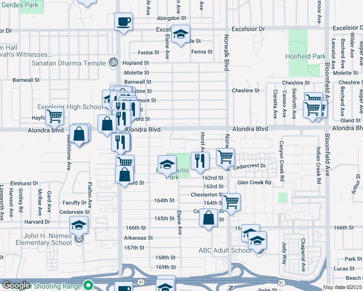 map of restaurants, bars, coffee shops, grocery stores, and more near 12007 Portugal Court in Norwalk