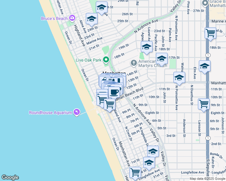 map of restaurants, bars, coffee shops, grocery stores, and more near 316 13th Street in Manhattan Beach