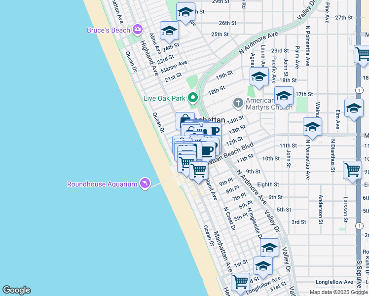 map of restaurants, bars, coffee shops, grocery stores, and more near Bayview Drive in Manhattan Beach