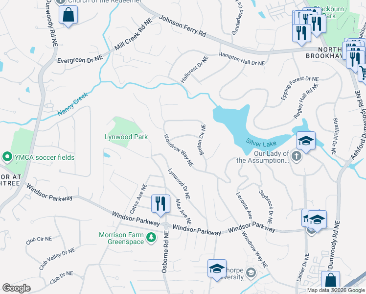 map of restaurants, bars, coffee shops, grocery stores, and more near 3321 Woodrow Way Northeast in Atlanta