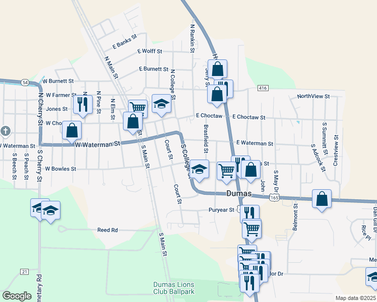 map of restaurants, bars, coffee shops, grocery stores, and more near 213 South College Street in Dumas