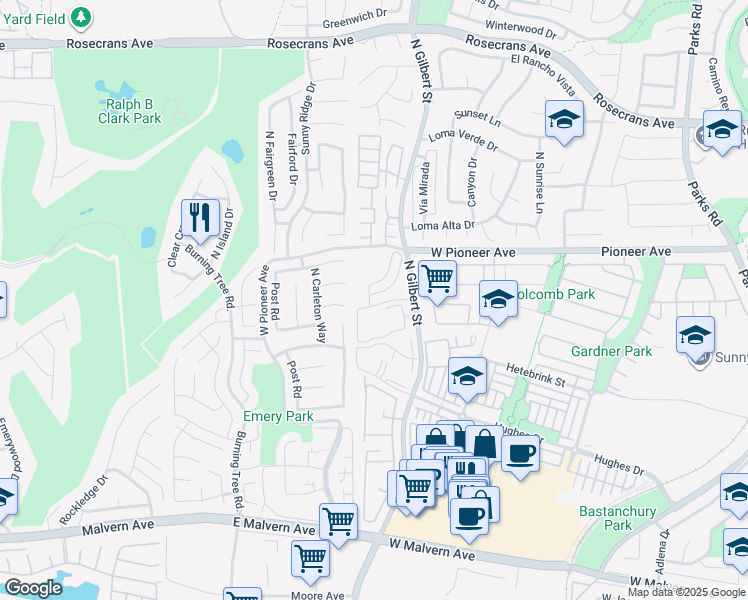 map of restaurants, bars, coffee shops, grocery stores, and more near 4243 Daphne Place in Fullerton