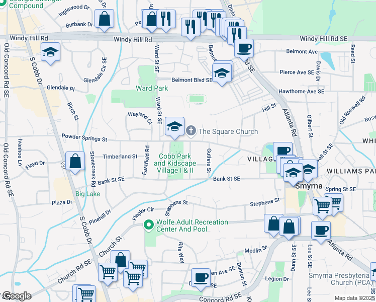map of restaurants, bars, coffee shops, grocery stores, and more near 2730 Fraser Street in Smyrna